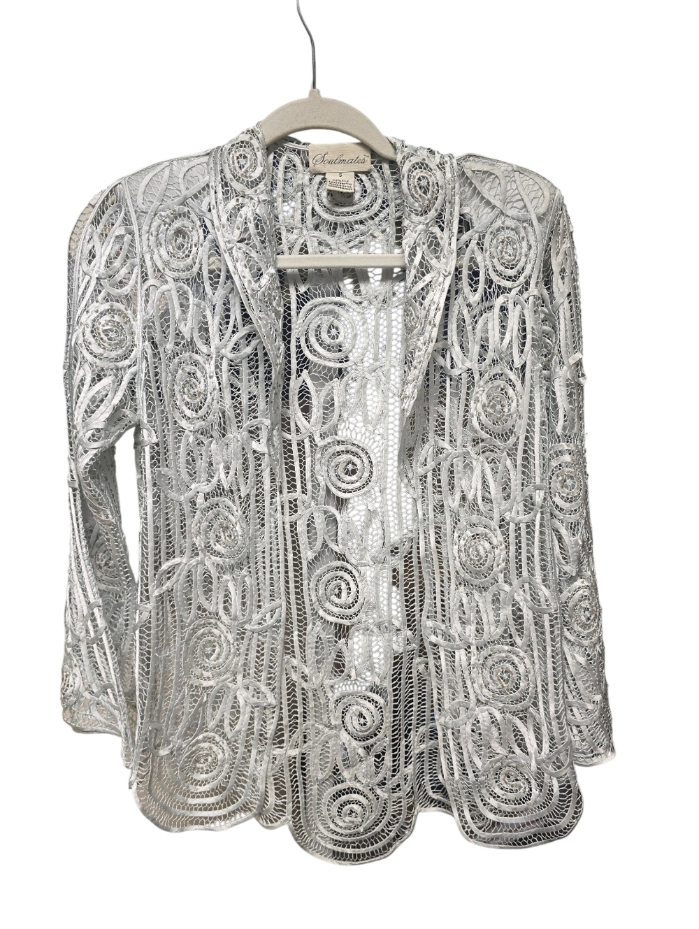 100% Silk Soulmates Delicate Silver Lace Open Cardigan Sz. S